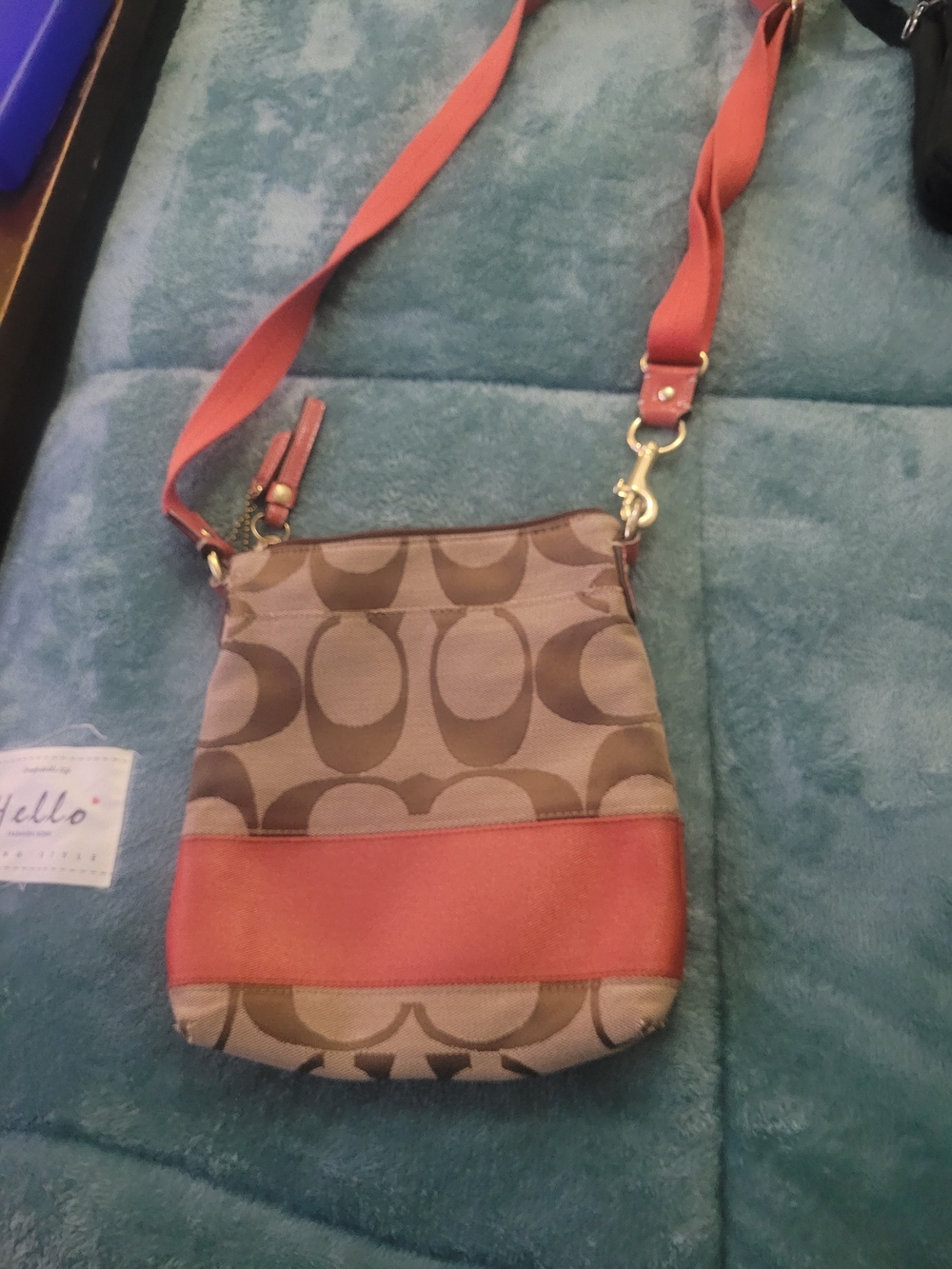Coach Brown Signature Canvas Crossbody with Coral Trim